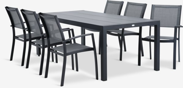 Table HAGEN L214 gris + 4 chaises STRANDBY empilable gris