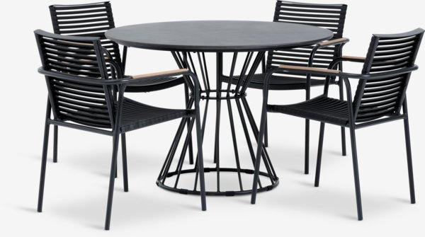 FAGERNES Ø110 tafel grijs + 4 NABE stoelen zwart