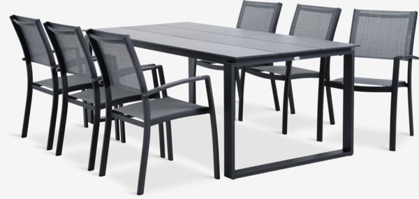 Table KOPERVIK L215 gris + 4 chaises STRANDBY empilable gris