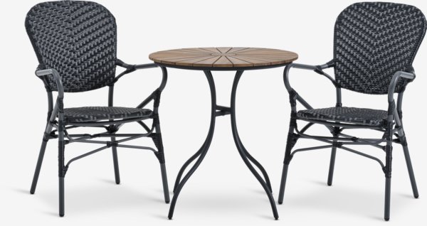 BASTRUP Ø65 tafel hardhout/zwart + 2 SAKSBORG stoelen grijs