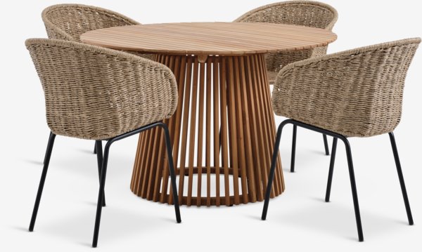 UDBYNEDER Ø120 Tisch Teakholz + 4 TUERNE Stuhl natur