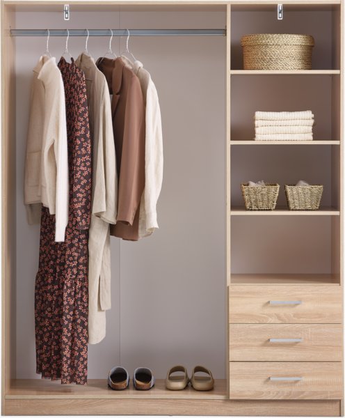 Wardrobe FANDRUP 145x176 3 doors 3-draw light oak colour