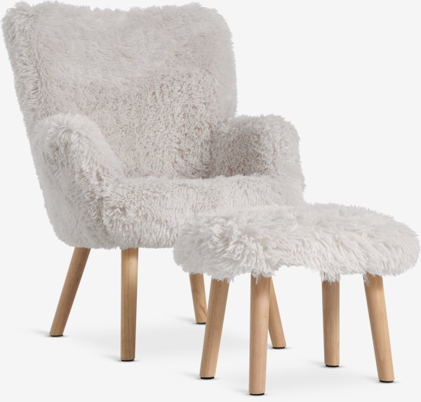 Fauteuil HVILSTED met voetenbank off-white teddy/naturel