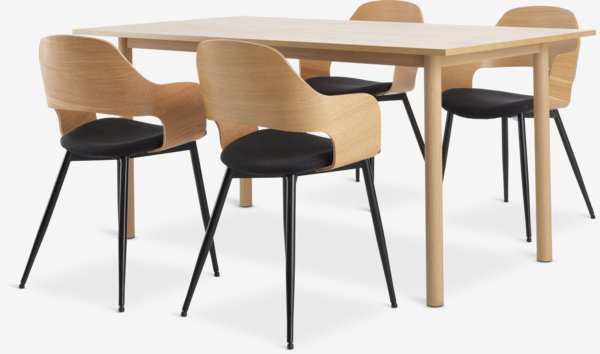 ALSTED L160 table oak + 4 HVIDOVRE chairs oak/black