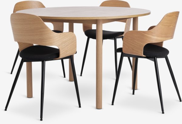 ALSTED D120 table oak + 4 HVIDOVRE chairs oak/black