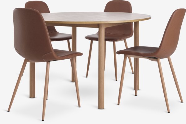 ALSTED Ø120 tafel + 4 JONSTRUP stoelen cognac