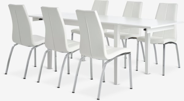 KIRKEBY P130/220 pöytä valkoinen + 4 HAVNDAL tuoli valkoinen