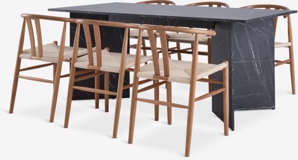 KRONDAL L180 table marble + 4 GUDERUP oak/natural