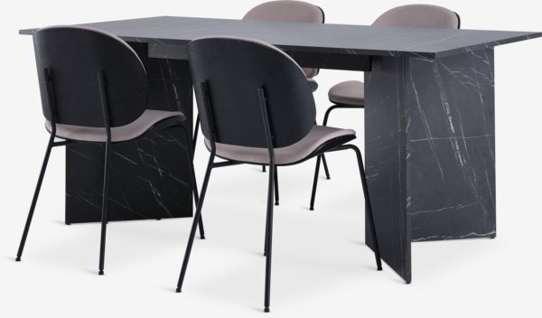 KRONDAL L180 table marbre + 4 TESTRUP chaises sable c./noir