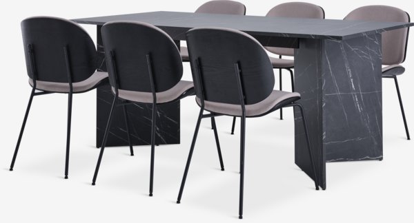 KRONDAL L180 table marbre + 4 TESTRUP chaises sable c./noir