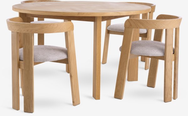 HARESKOV Ø130 table chêne + 4 BOVRUP chaises chêne/beige