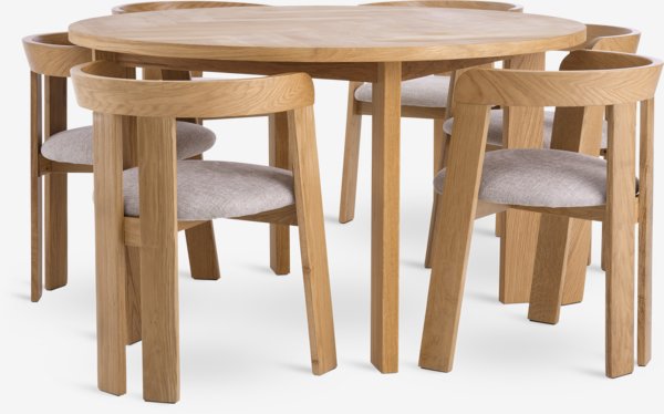 HARESKOV Ø130 table chêne + 4 BOVRUP chaises chêne/beige