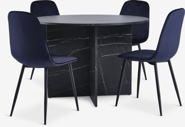 KRONDAL Ø110 table marbre + 4 BISTRUP chaises velours bleu f