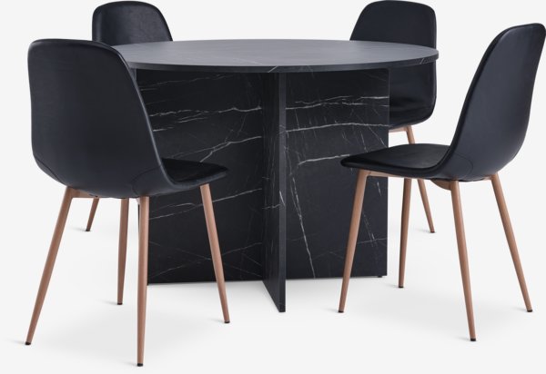 KRONDAL Ø110 tafel marmer + 4 JONSTRUP stoelen zwart/eiken