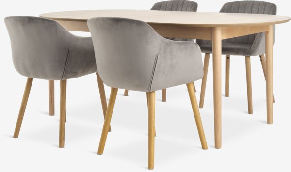 Mesa MARSTRAND L200/280 roble + 4 ADSLEV terciopelo gris