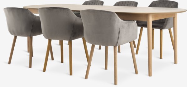 Table MARSTRAND L200/280 chêne + 4 chaises ADSLEV gris