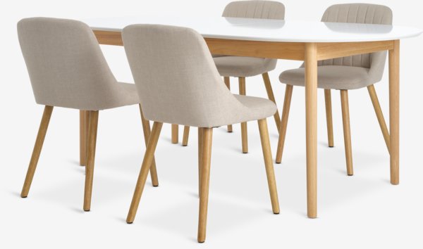 MARSTRAND L200/280 table white + 4 ADSLEV chairs beige