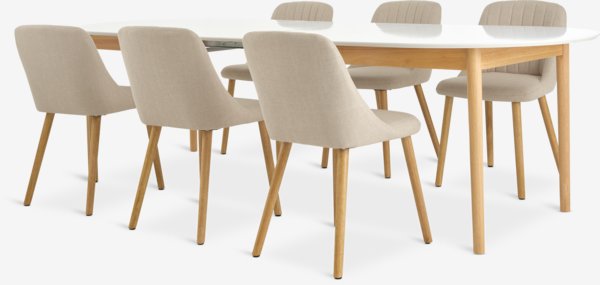 MARSTRAND L200/280 table white + 4 ADSLEV chairs beige