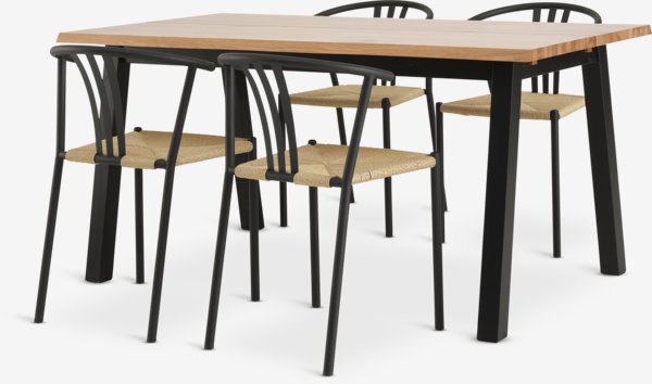 SKOVLUNDE L160 tafel naturel eiken + 4 JYDERUP zwart/naturel