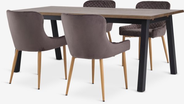 SKOVLUNDE L200 table dark oak + 4 PEBRINGE chair grey velvet