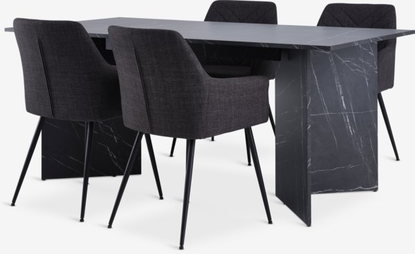 KRONDAL L180 tafel marmer + 4 PURHUS stoelen grijs/zwart