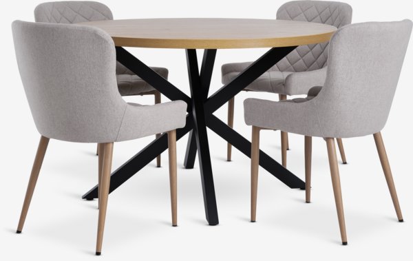 NORTOFT Ø120 tafel eiken + 4 BELLINGE stoelen zand/eiken