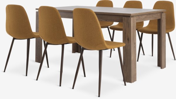 Table VEDDE L160 chêne sauvage + 4 chaises JONSTRUP curry