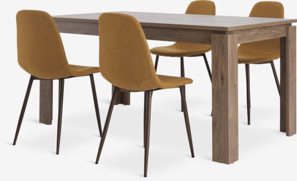 Table VEDDE L160 chêne sauvage + 4 chaises JONSTRUP curry