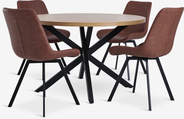 NORTOFT D120 table oak + 4 HYGUM chairs cognac/black