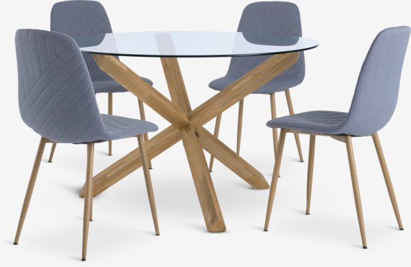 Table AGERBY Ø119 chêne + 4 chaises JONSTRUP bleu clair