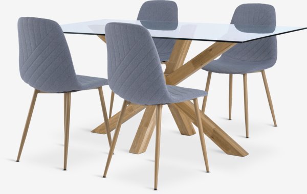 Table AGERBY L160 chêne + 4 chaises JONSTRUP bleu clair