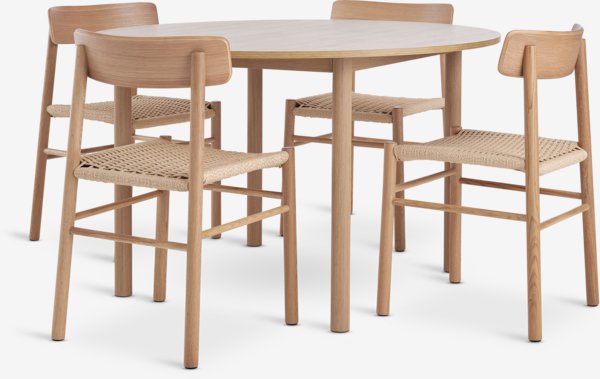 ALSTED Ø120 tafel eiken + 4 ISLEV stoelen eiken