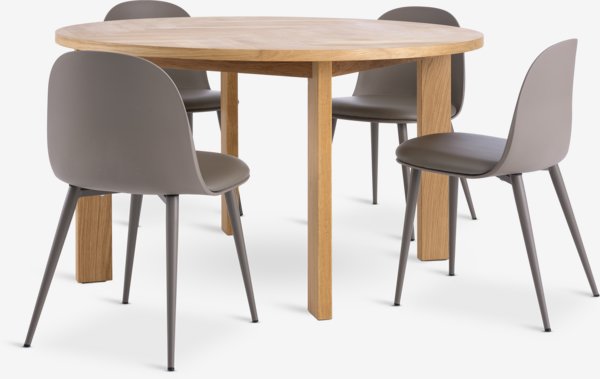 HARESKOV Ø130 tafel eiken + 4 ULDAL stoelen bruin