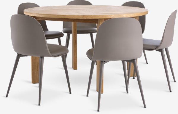 HARESKOV Ø130 tafel eiken + 4 ULDAL stoelen bruin