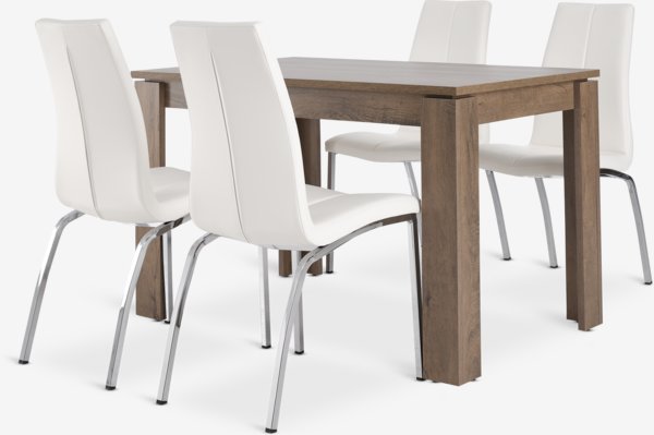 VEDDE L120 table wild oak + 4 HAVNDAL chairs white/chrome