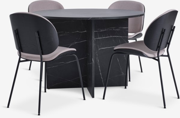 KRONDAL Ø110 table marble + 4 TESTRUP chaises sable c./noir