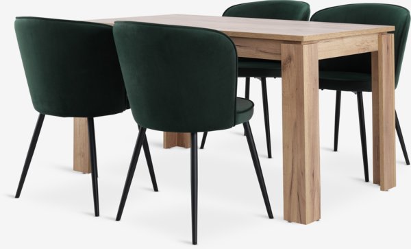 Mesa LINTRUP L140 roble + 4 RISSKOV terciopelo verde oscuro