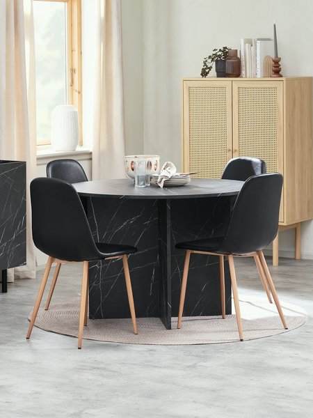 KRONDAL Ø110 tafel marmer + 4 JONSTRUP stoelen zwart/eiken