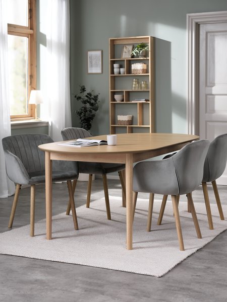 MARSTRAND L200/280 table chêne + 4 ADSLEV velours gris