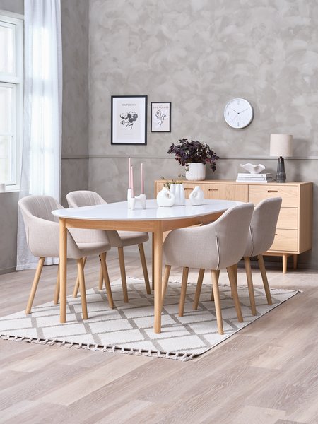 MARSTRAND L200/280 table white + 4 ADSLEV chairs beige