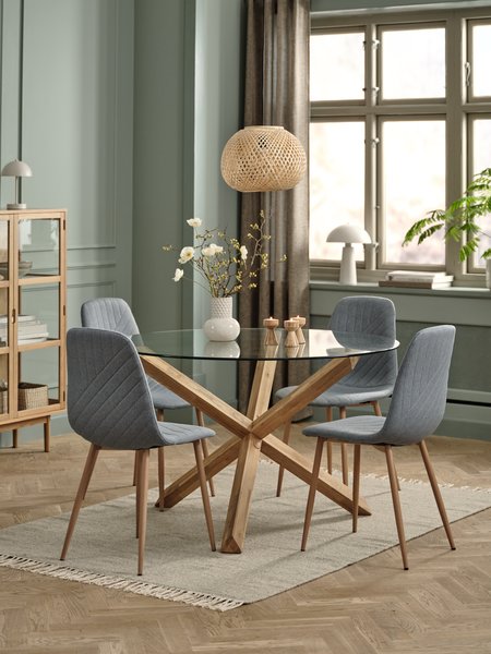 Mesa AGERBY Ø119 roble + 4 sillas JONSTRUP azul claro