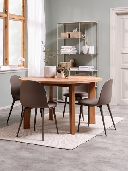 HARESKOV Ø130 tafel eiken + 4 ULDAL stoelen bruin