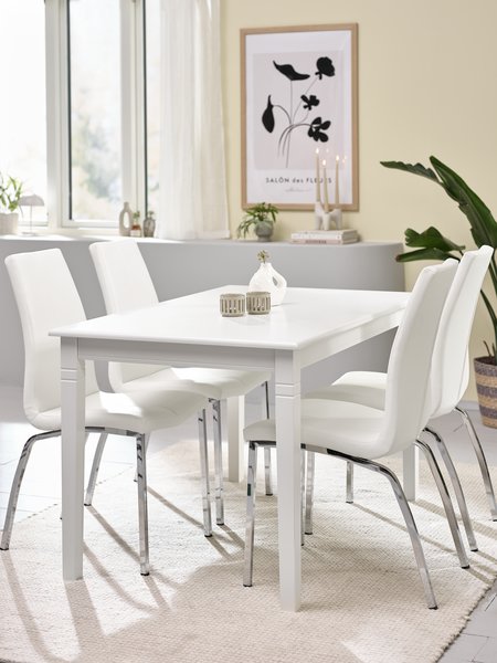 KIRKEBY P130/220 pöytä valkoinen + 4 HAVNDAL tuoli valkoinen