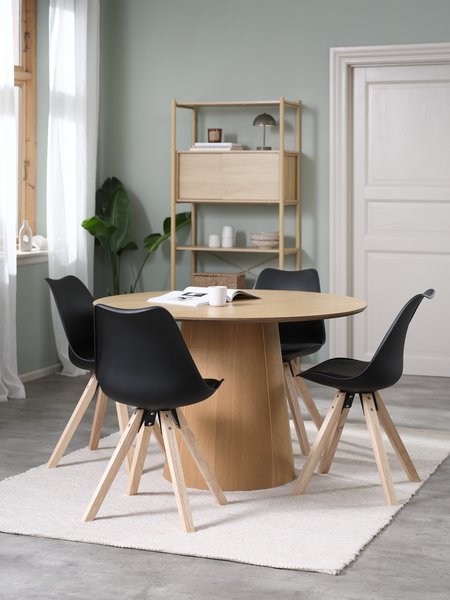 Table KLIPLEV Ø120 chêne + 4 chaises BLOKHUS noir