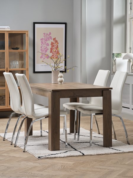 VEDDE L120 table wild oak + 4 HAVNDAL white/chrome