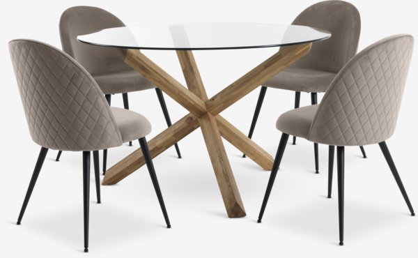 AGERBY Ø119 tafel eiken + 4 KOKKEDAL stoelen fluweel grijs