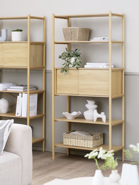 Shelving unit LINDVED 6 shelves 2 doors oak colour