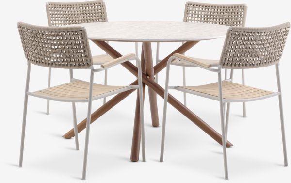 SANDVIG Ø120 tafel + 4 AJSTRUP stoelen beige