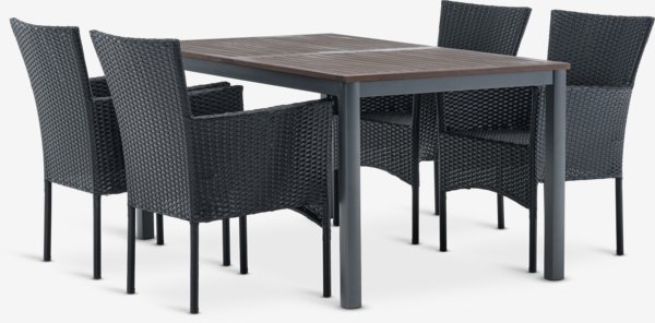 YTTRUP L150 tafel hardhout + 4 AIDT stoelen zwart