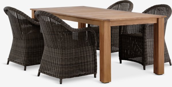 DRAMMEN L210 tafel teak + 4 GAMMELBY stoelen grey